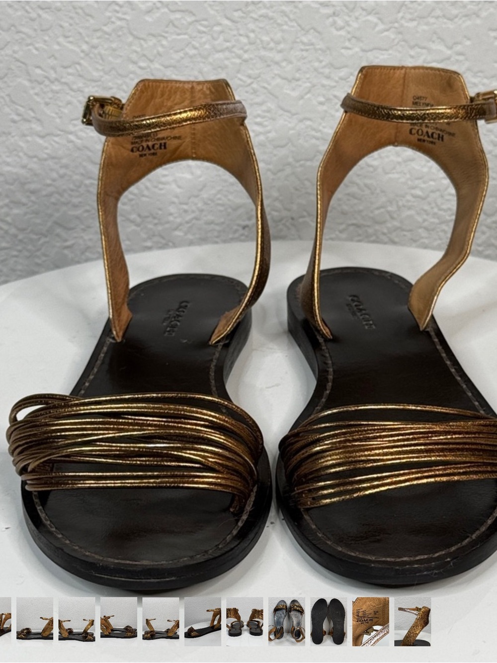 COACH VINTAGE MELYNDA BRONZE METALLIC LEATHER STRAPPY SANDALS ANKLE STRAP SIZE 9